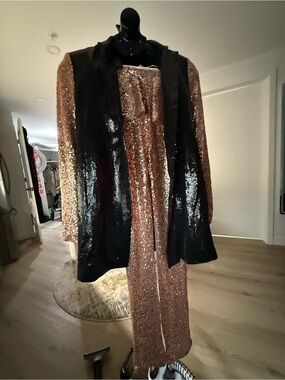 Nasty Gal Rose Gold Sequin Blazer with Black Satin Lapel Pant set